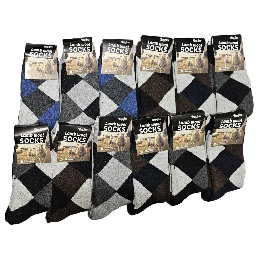 Men Winter Wool Socks Lamb Wool Warm Crew Socks Argyle Print 10-13 12-PACK, NWT